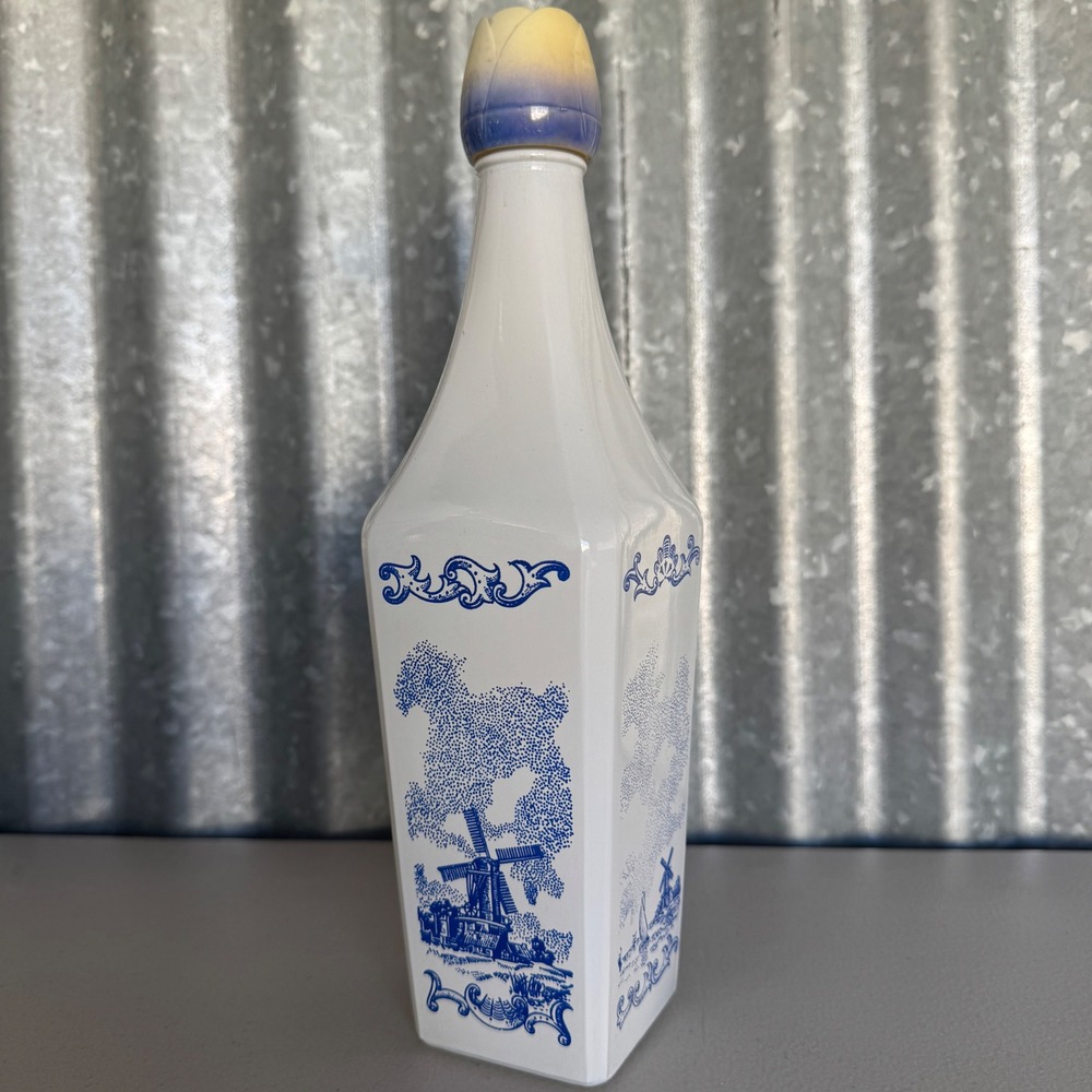 Vintage Milk Glass Liquor Decanter Dutch Windmill Blue White Tulip Cap D-126